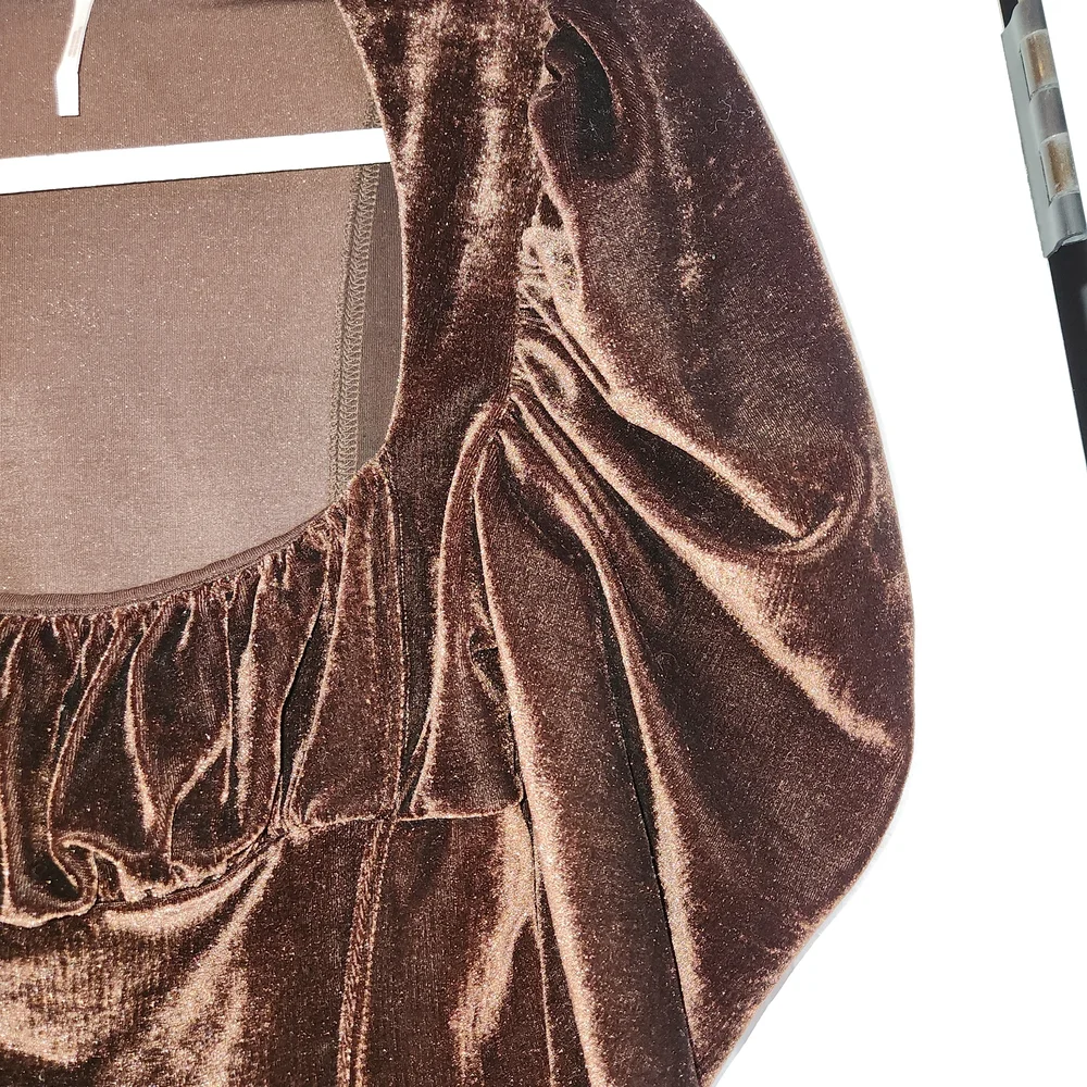We The Free Dark Brown Velvet Hold Me Milkmaid Top Size S Stretchy Puff Sleeves - Picture 5 of 12